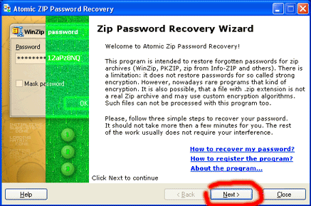 Atomic Zip Password Recovery screenshot